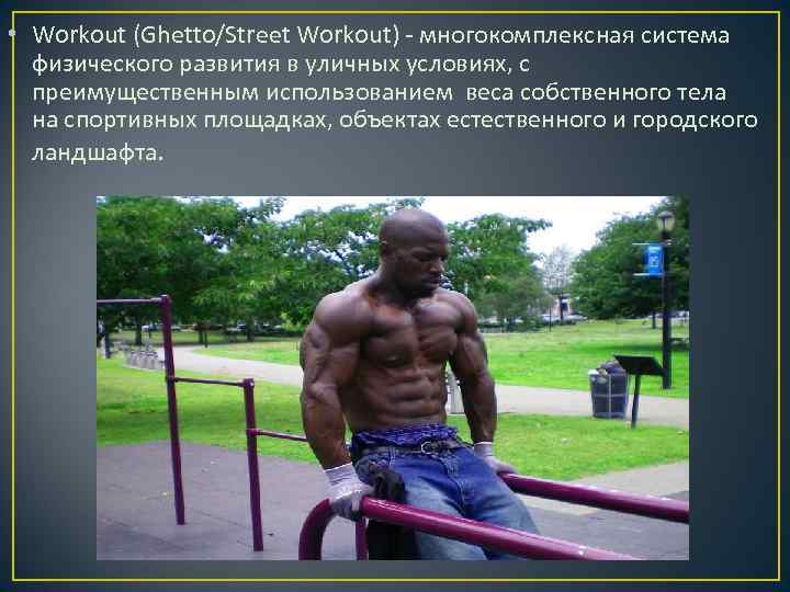  • Workout (Ghetto/Street Workout) - многокомплексная система физического развития в уличных условиях, с