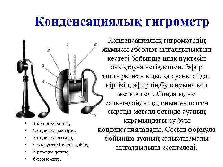 Конденсациялық гигрометр • • • 1 -метал қорапша, 2 -өңделген қабырға, 3 -өңделген сақина,