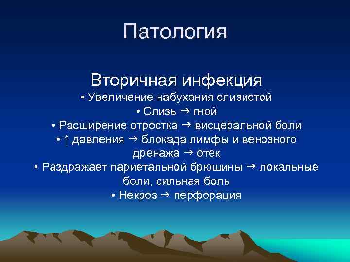 Патология Вторичная инфекция • Увеличение набухания слизистой • Слизь гной • Расширение отростка висцеральной