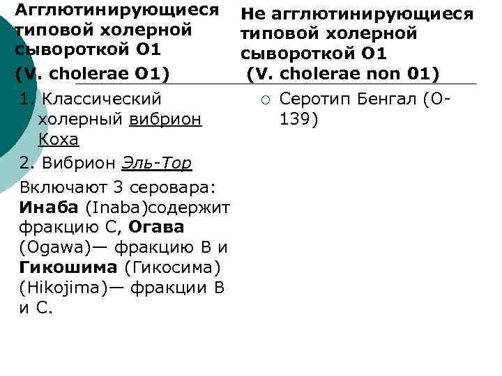 Агглютинирующиеся Не агглютинирующиеся типовой холерной сывороткой О 1 (V. cholerae non 01) (V. cholerae