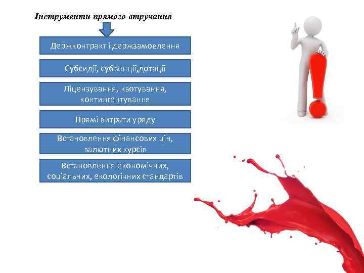 Інструменти прямого втручання Держконтракт і держзамовлення Субсидії, субвенції, дотації Ліцензування, квотування, контингентування Прямі витрати