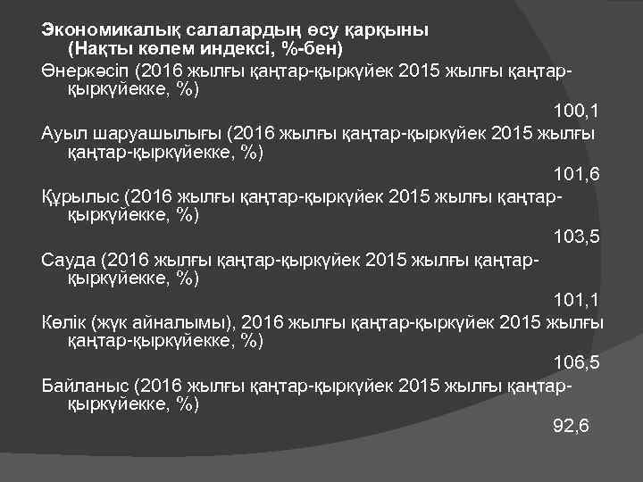 Экономикалық салалардың өсу қарқыны (Нақты көлем индексі, %-бен) Өнеркәсіп (2016 жылғы қаңтар-қыркүйек 2015 жылғы