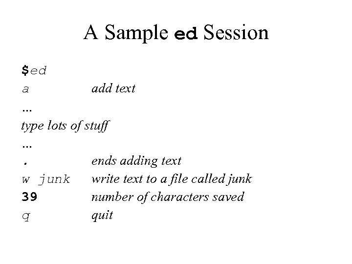 A Sample ed Session $ed a add text … type lots of stuff ….