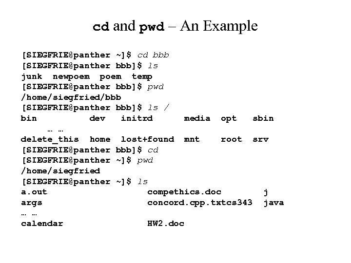 cd and pwd – An Example [SIEGFRIE@panther ~]$ cd bbb [SIEGFRIE@panther bbb]$ ls junk