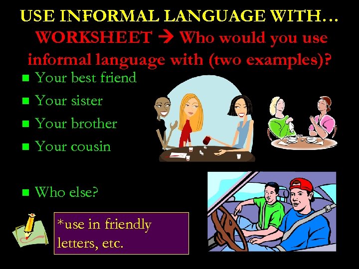 USE INFORMAL LANGUAGE WITH… WORKSHEET Who would you use informal language with (two examples)?