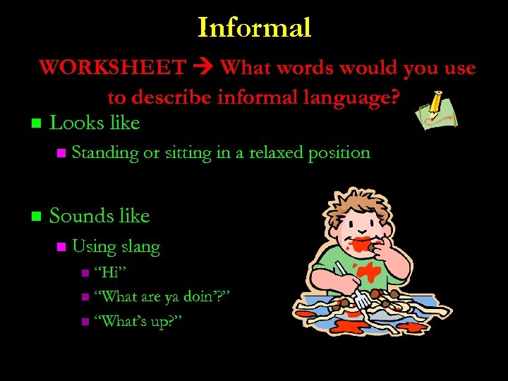 Informal WORKSHEET What words would you use to describe informal language? n Looks like