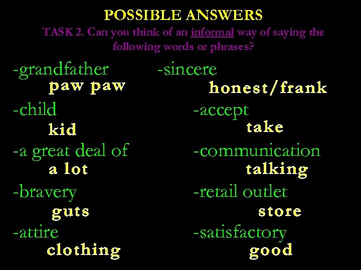 POSSIBLE ANSWERS TASK 2. Can you think of an informal way of saying the