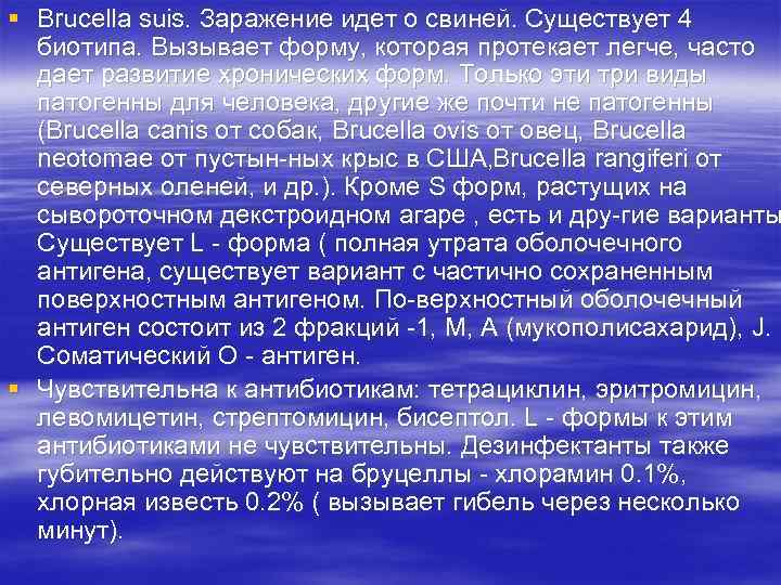 § Brucella suis. Заражение идет о свиней. Существует 4 биотипа. Вызывает форму, которая протекает
