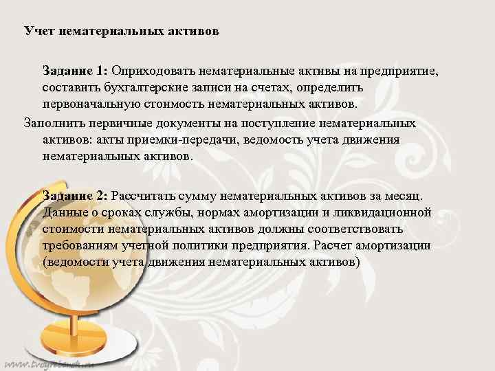 Учет нематериальных активов Задание 1: Оприходовать нематериальные активы на предприятие, составить бухгалтерские записи на