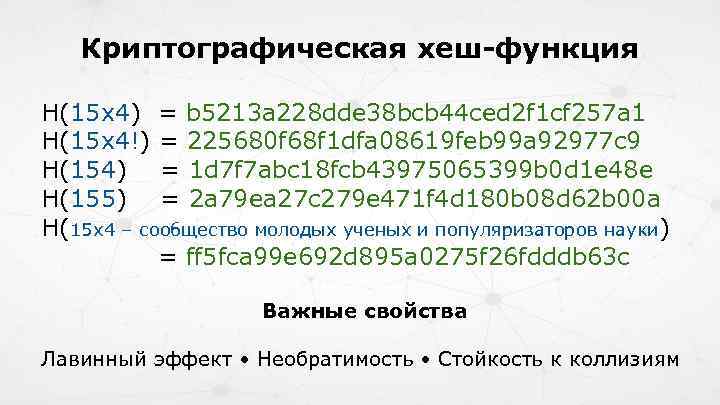 Криптографическая хеш-функция H(15 x 4) = b 5213 a 228 dde 38 bcb 44