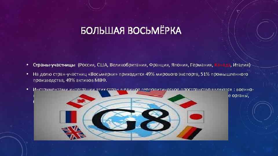 БОЛЬШАЯ ВОСЬМЁРКА • Страны-участницы (Россия, США, Великобритания, Франция, Япония, Германия, Канада, Италия) • На
