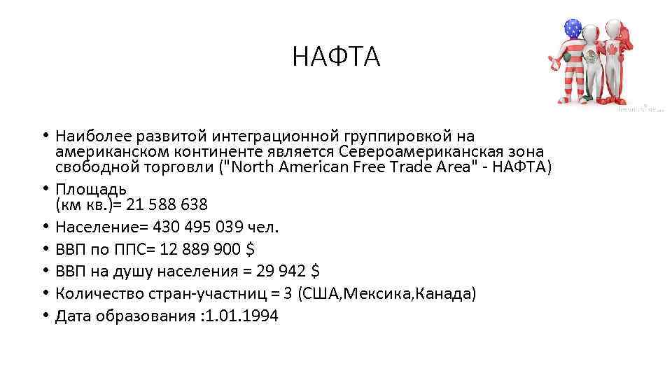 НАФТА • Наиболее развитой интеграционной группировкой на американском континенте является Североамериканская зона свободной торговли