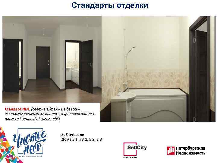 Стандарты отделки Стандарт № 4: (светлые/темные двери + светлый/ темный ламинат + акриловая ванна