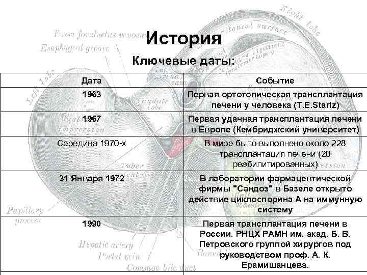 История Ключевые даты: Дата Событие 1963 Первая ортотопическая трансплантация печени у человека (T. E.