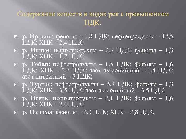 Содержание веществ в водах рек с превышением ПДК: р. Иртыш: фенолы – 1, 8