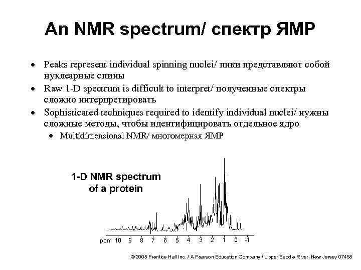 An NMR spectrum/ спектр ЯМР · Peaks represent individual spinning nuclei/ пики представляют собой
