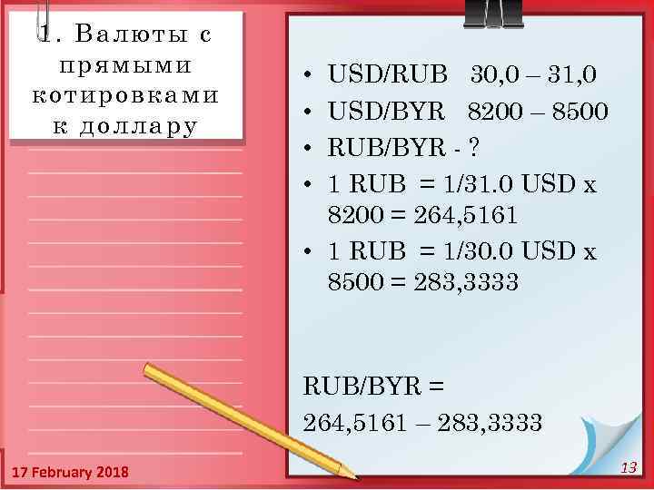 1. Валюты с прямыми котировками к доллару USD/RUB 30, 0 – 31, 0 USD/BYR