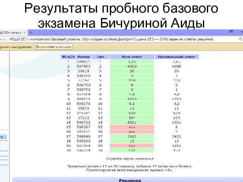 Результаты пробного базового экзамена Бичуриной Аиды 