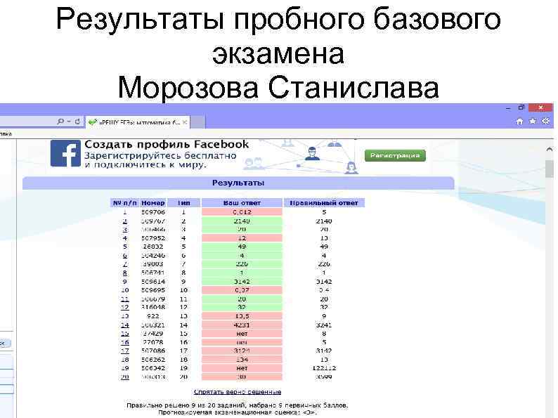 Результаты пробного базового экзамена Морозова Станислава 