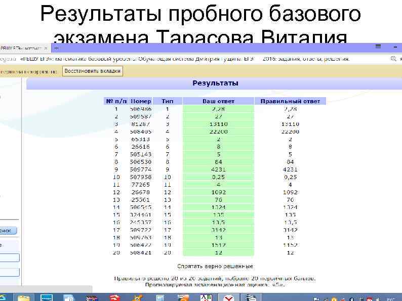 Результаты пробного базового экзамена Тарасова Виталия 