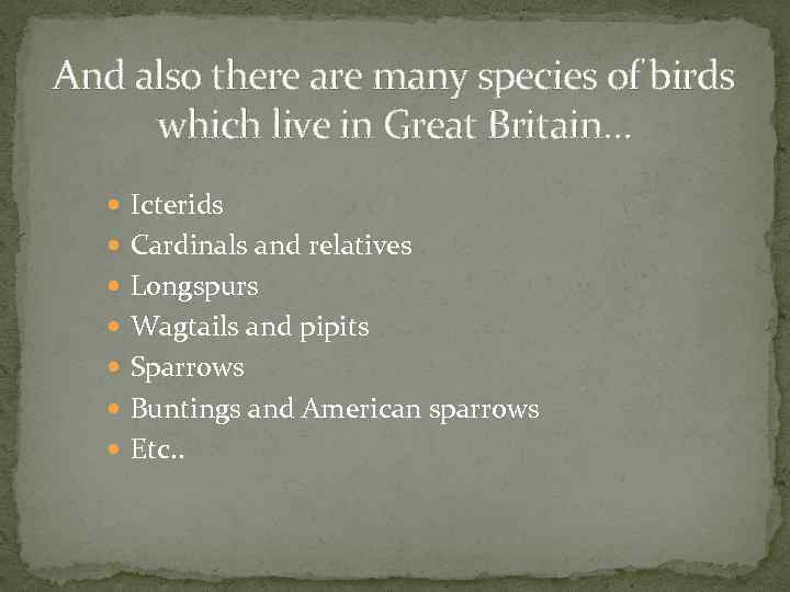 And also there are many species of birds which live in Great Britain… Icterids