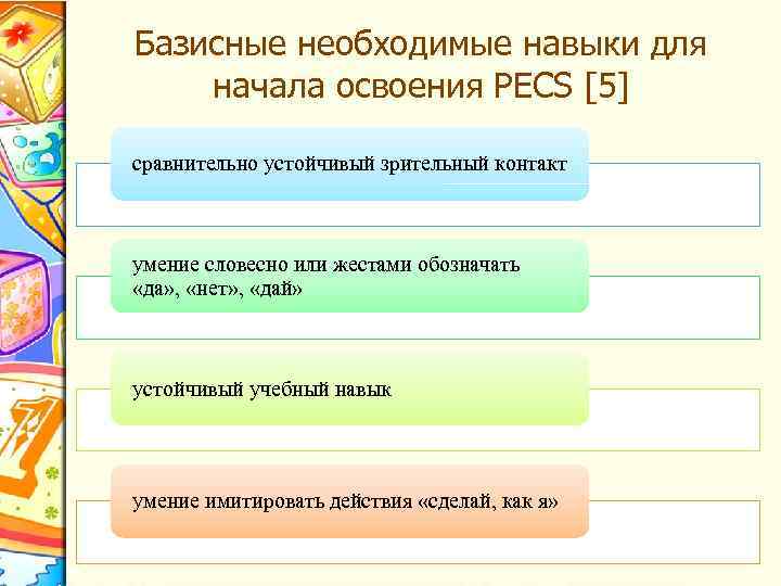 Базисные необходимые навыки для начала освоения PECS [5] сравнительно устойчивый зрительный контакт умение словесно