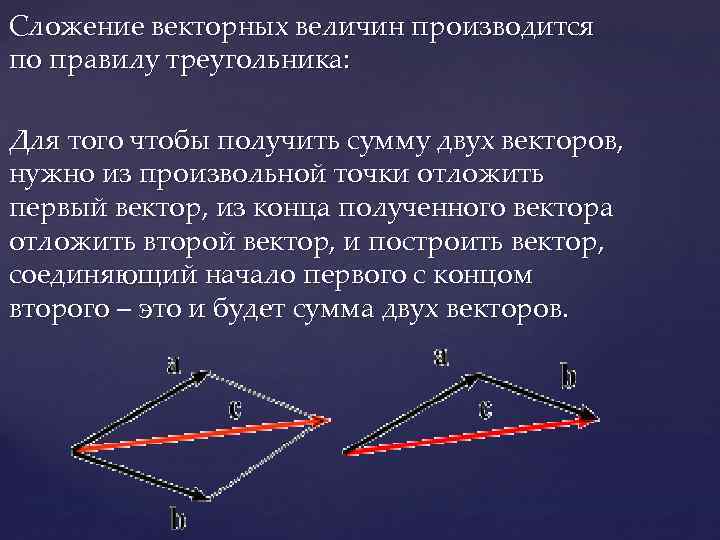 Сложение векторных величин производится по правилу треугольника: Для того чтобы получить сумму двух векторов,