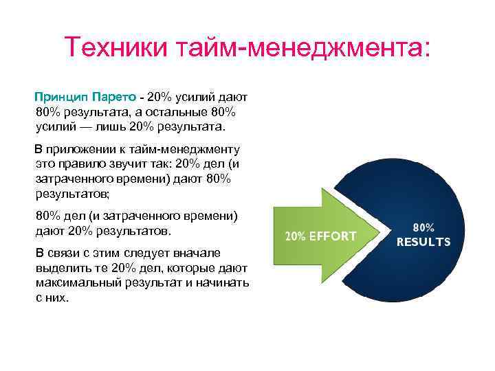 Техники тайм-менеджмента: Принцип Парето - 20% усилий дают 80% результата, а остальные 80% усилий