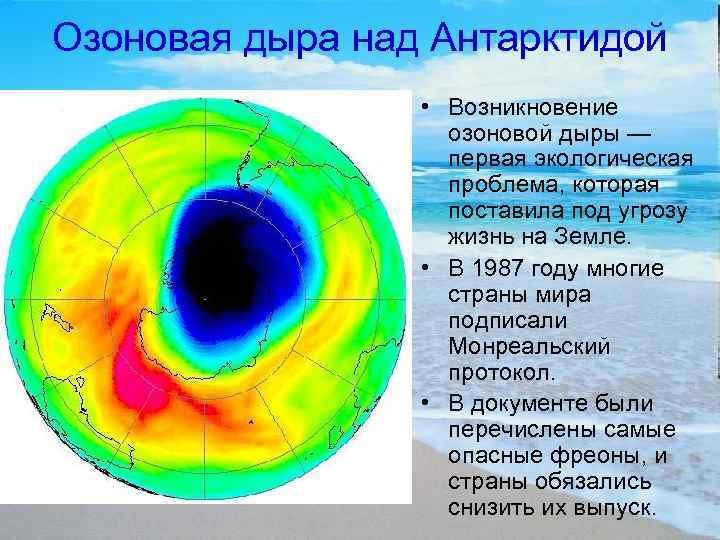 Озоновая дыра над Антарктидой • Возникновение озоновой дыры — первая экологическая проблема, которая поставила