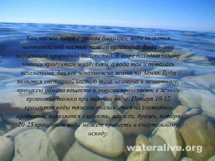 Как мы все знаем с уроков биологии, вода является неотъемлемой частью нашего организма. Вода