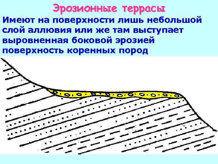 Эрозионные террасы Имеют на поверхности лишь небольшой слой аллювия или же там выступает выровненная