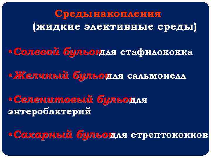 Среды накопления (жидкие элективные среды) • Солевой бульон для стафилококка • Желчный бульон для