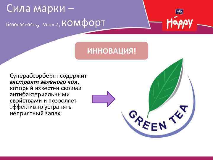 Сила марки – безопасность, защита, комфорт ИННОВАЦИЯ! Суперабсорбернт содержит экстракт зеленого чая, который известен