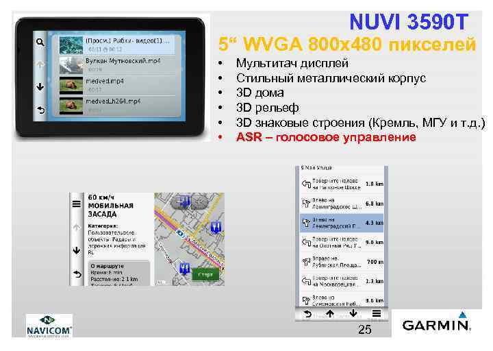 NUVI 3590 T 5“ WVGA 800 x 480 пикселей • • • Мультитач дисплей
