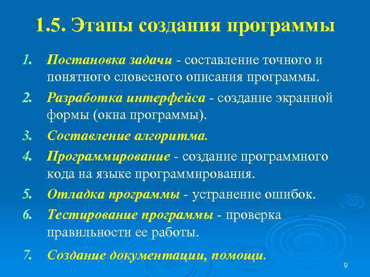1. 5. Этапы создания программы 1. Постановка задачи - составление точного и понятного словесного