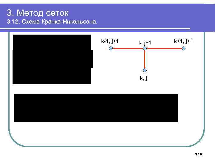 3. Метод сеток 3. 12. Схема Кранка-Никольсона. k-1, j+1 k+1, j+1 k, j 116