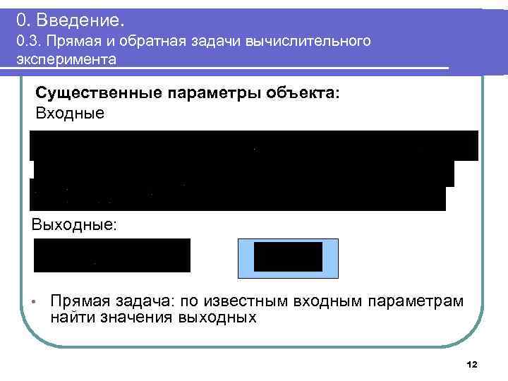 0. Введение. 0. 3. Прямая и обратная задачи вычислительного эксперимента Существенные параметры объекта: Входные