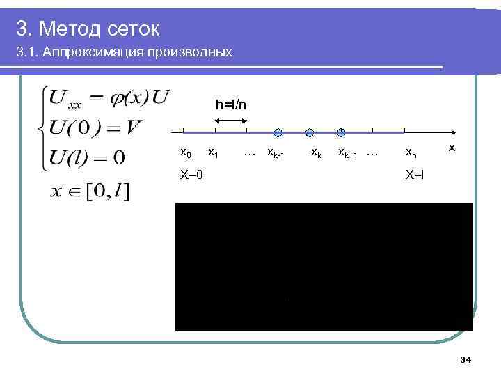 3. Метод сеток 3. 1. Аппроксимация производных h=l/n x 0 X=0 x 1 …