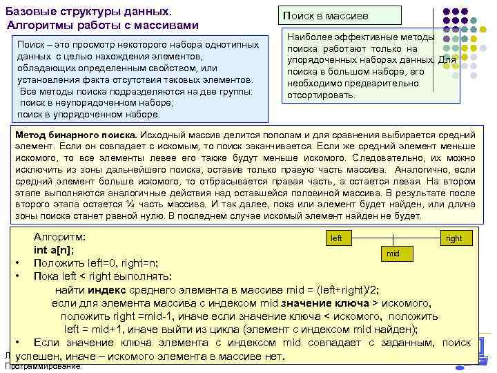 Базовые структуры данных. Алгоритмы работы с массивами Поиск – это просмотр некоторого набора однотипных