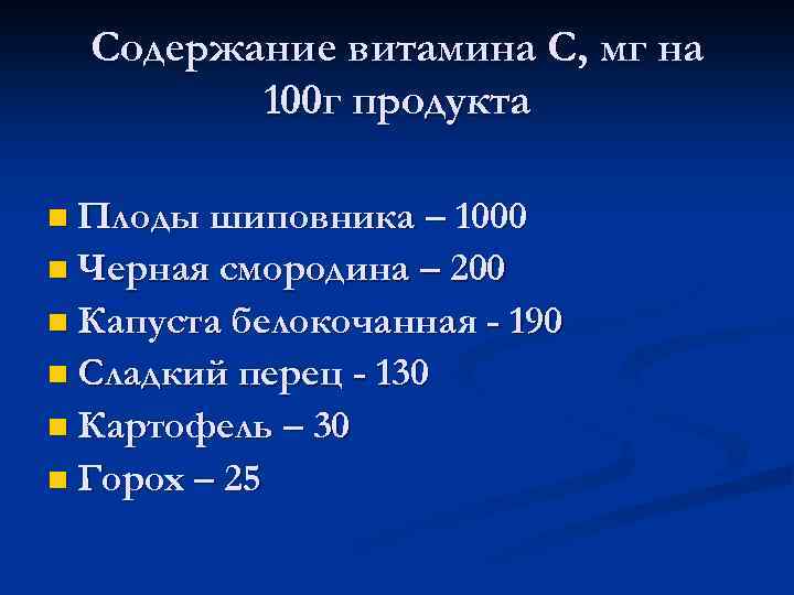 Содержание витамина С, мг на 100 г продукта n Плоды шиповника – 1000 n