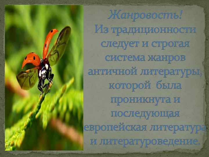 Жанровость! Из традиционности следует и строгая система жанров античной литературы, которой была проникнута и