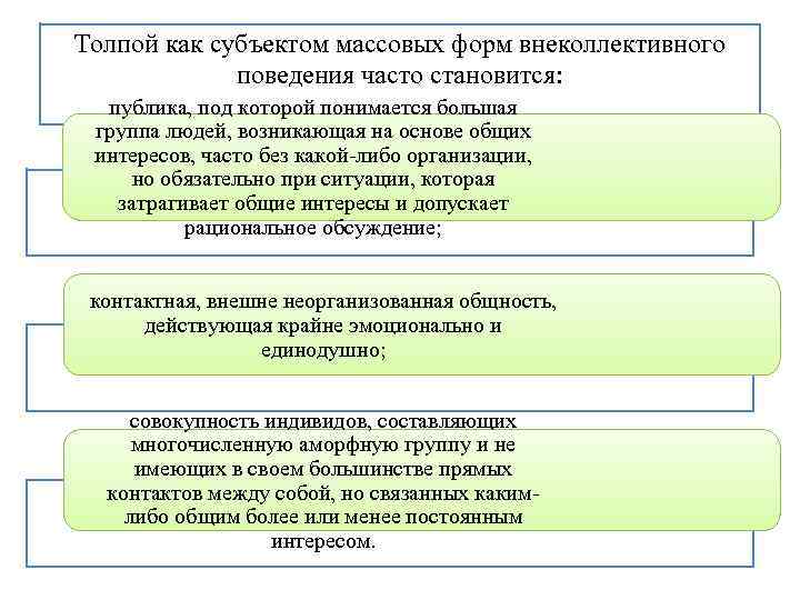 Толпой как субъектом массовых форм внеколлективного поведения часто становится: публика, под которой понимается большая