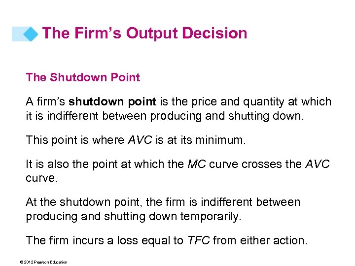 The Firm’s Output Decision The Shutdown Point A firm’s shutdown point is the price