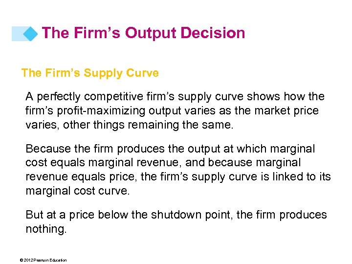 The Firm’s Output Decision The Firm’s Supply Curve A perfectly competitive firm’s supply curve