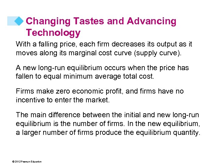 Changing Tastes and Advancing Technology With a falling price, each firm decreases its output