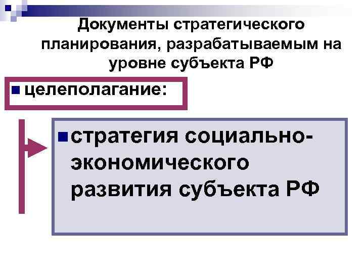 Документы стратегического планирования, разрабатываемым на уровне субъекта РФ n целеполагание: n стратегия социально- экономического