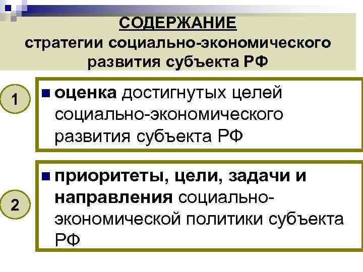 СОДЕРЖАНИЕ стратегии социально-экономического развития субъекта РФ 1 n оценка достигнутых целей социально-экономического развития субъекта