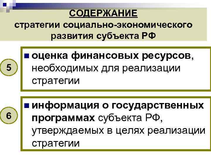 СОДЕРЖАНИЕ стратегии социально-экономического развития субъекта РФ n оценка финансовых ресурсов, 5 6 необходимых для