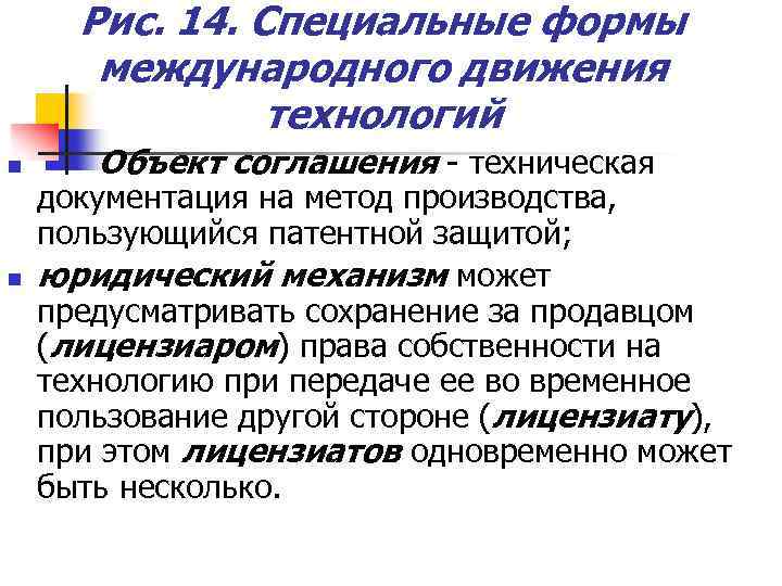 Рис. 14. Специальные формы международного движения технологий n n Объект соглашения - техническая документация