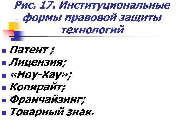 Рис. 17. Институциональные формы правовой защиты технологий Патент ; n Лицензия; n «Ноу-Хау» ;